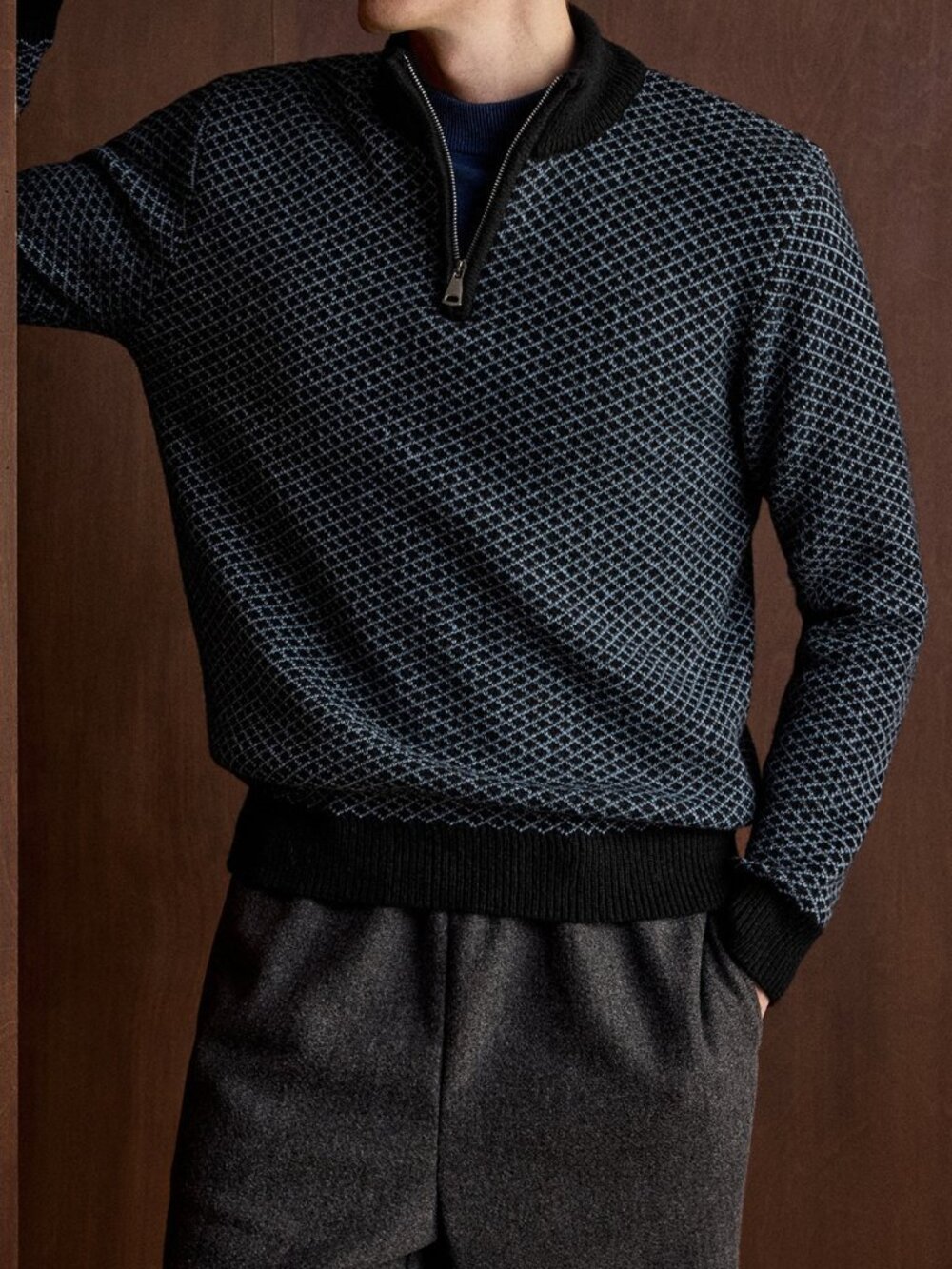 Navy Blue Casual Men's Regular Fit 1/4 Zip Stand Collar Long Sleeve Sweater